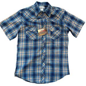 Wrangler Wrancher Men’s Short Sleeve Pearl Snap Plaid Shirt Blue Size M NWT